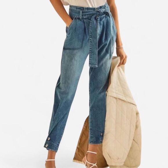 Something Navy boho slouchy June Tie Waist Denim Jeans Paperbag Jeans - Picture 1 of 7